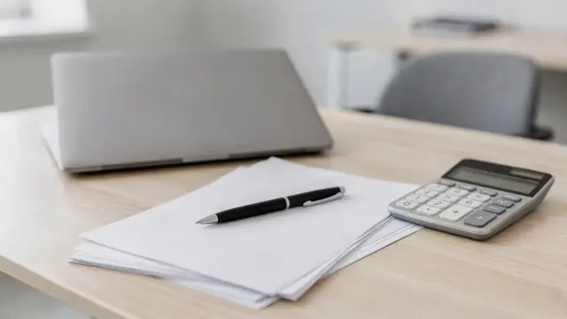 Büro mit Steuerunterlagen und Rechner zur Umsatzsteuervoranmeldung beim Finanzamt