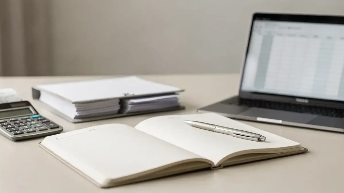 Ordentlicher Schreibtisch mit Belegen, Taschenrechner und Laptop zum Thema Betriebsausgaben absetzen