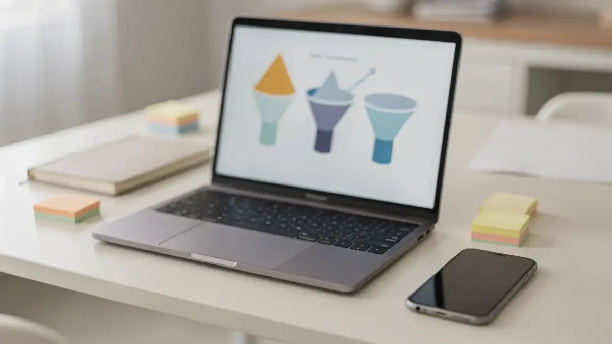 Sales-Funnel erstellen: Laptop mit Marketing-Charts auf einem aufgeräumten Schreibtisch