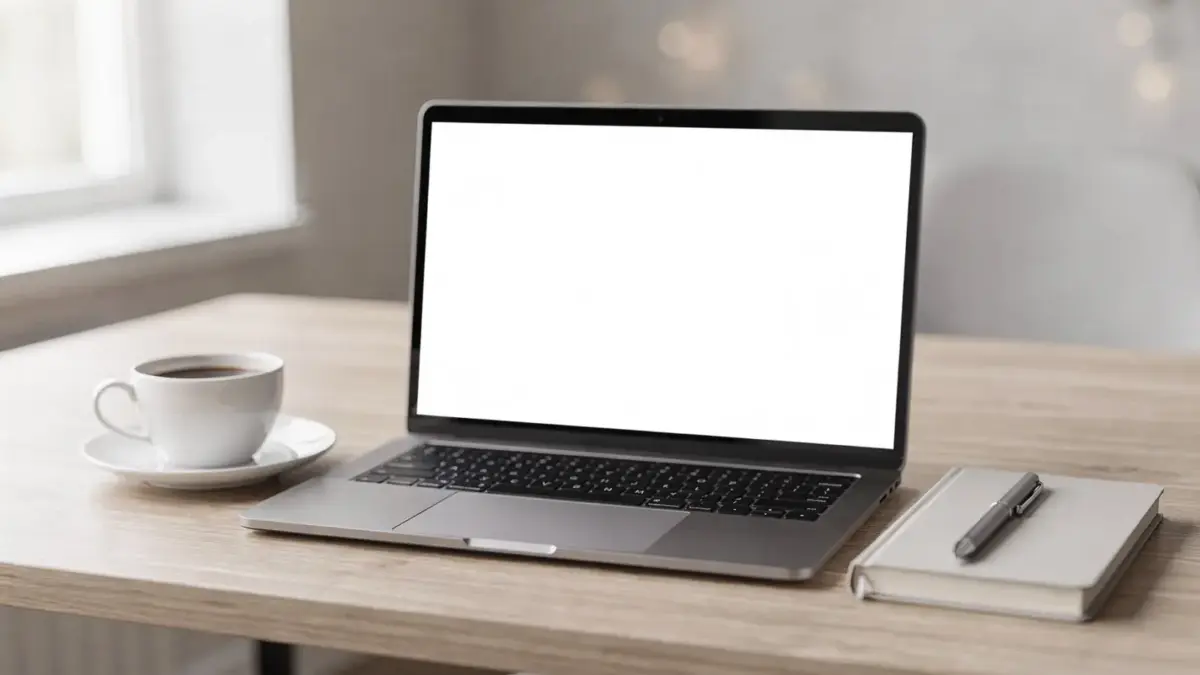 Laptop und Notizbuch auf hellem Schreibtisch als Motiv zum Thema Marketingtexte schreiben.