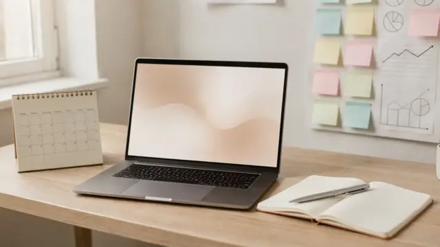 Home-Office mit Laptop und Kalender zur Content-Strategie für Selbstständige