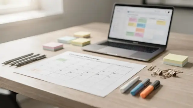 Redaktionsplan und Laptop zur Planung von Content für Kanäle in der Mehrkanal-Kommunikation
