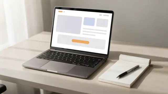 Call-to-Action formulieren am Laptop mit Notizblock und markiertem Button-Element