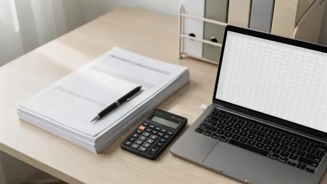 Ordentlicher Schreibtisch mit Belegen, Rechner und Laptop zum Thema EÜR oder Bilanz für Selbstständige