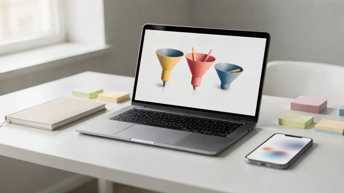 Sales-Funnel erstellen: Laptop mit Marketing-Charts auf einem aufgeräumten Schreibtisch