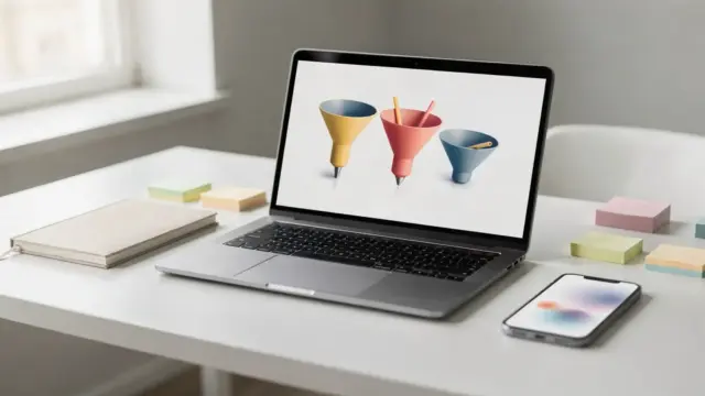Sales-Funnel erstellen: Laptop mit Marketing-Charts auf einem aufgeräumten Schreibtisch