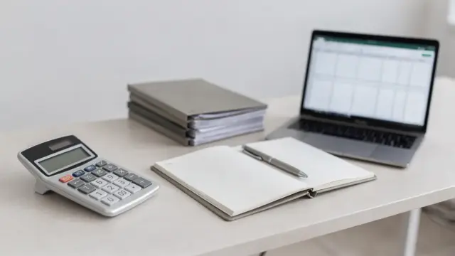Büro-Setup mit Taschenrechner und Unterlagen zur EÜR oder Bilanz