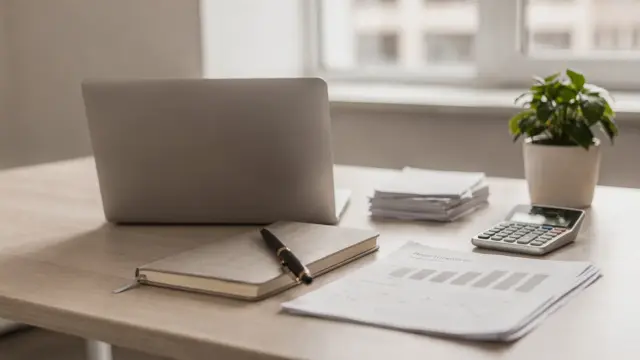Schreibtisch mit Laptop, Unterlagen und Taschenrechner zum Thema Gründerförderung