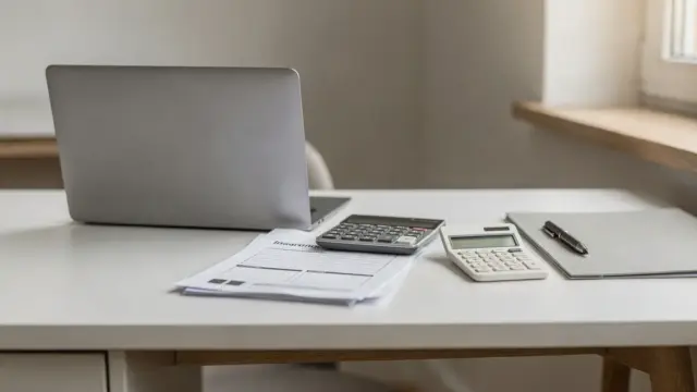 Versicherungsunterlagen auf dem Schreibtisch eines Selbstständigen im Homeoffice