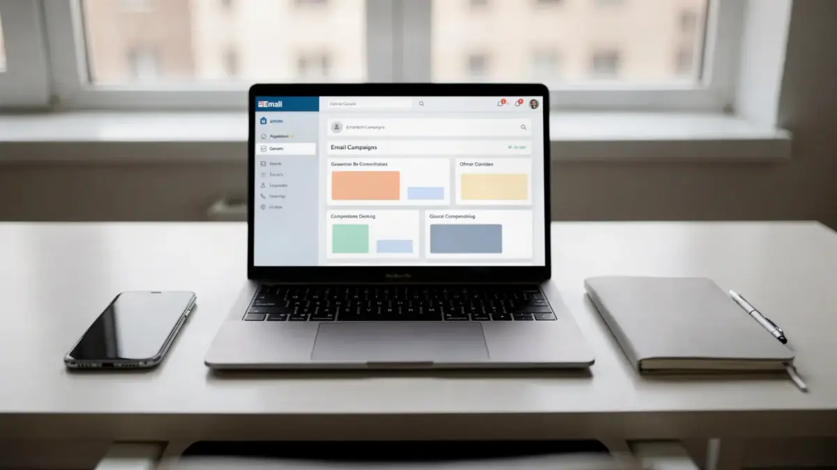 Laptop mit E-Mail-Marketing-Tool auf dem Bildschirm in moderner Büro-Umgebung