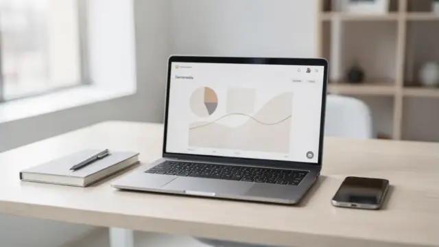 Laptop mit Marketing-Kennzahlen und Diagrammen auf einem Schreibtisch für Gründer