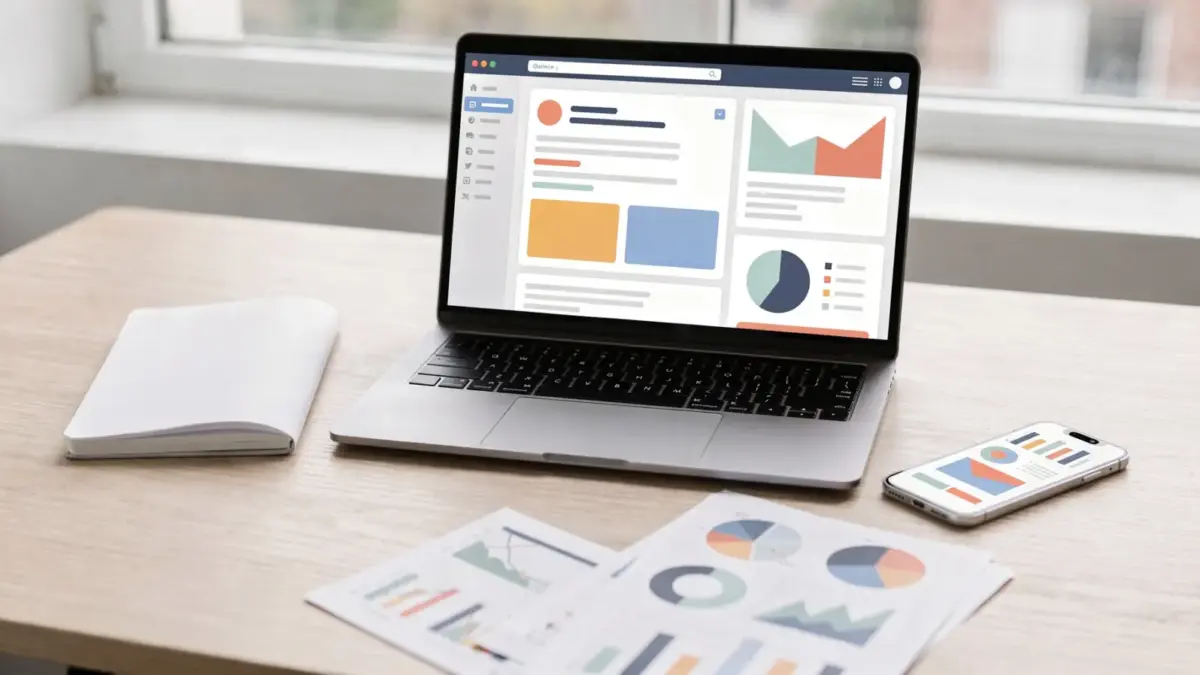 Laptop mit E-Mail-Marketing-Tool, Smartphone und Analysecharts auf einem Schreibtisch