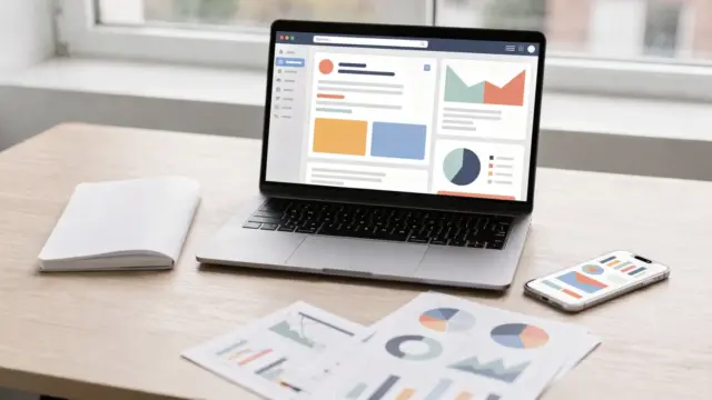 Laptop mit E-Mail-Marketing-Tool, Smartphone und Analysecharts auf einem Schreibtisch