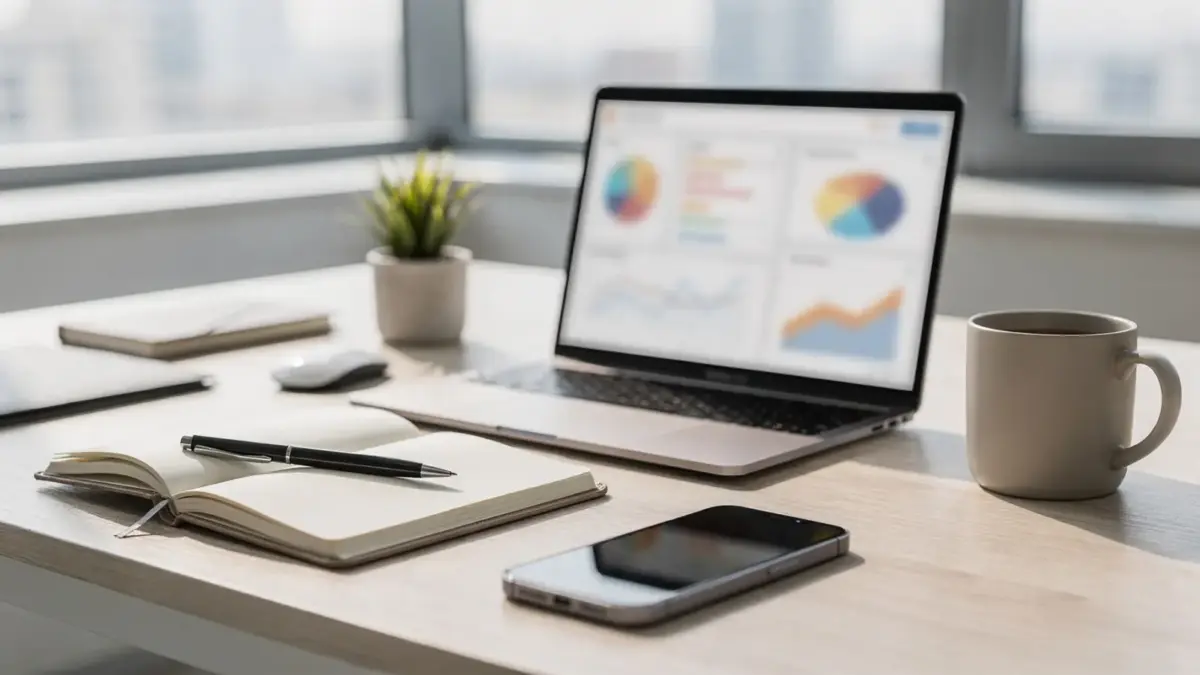 Marketingkampagnen analysieren: Arbeitsplatz mit Laptop, Diagrammen und Notizen zur Auswertung von Kennzahlen
