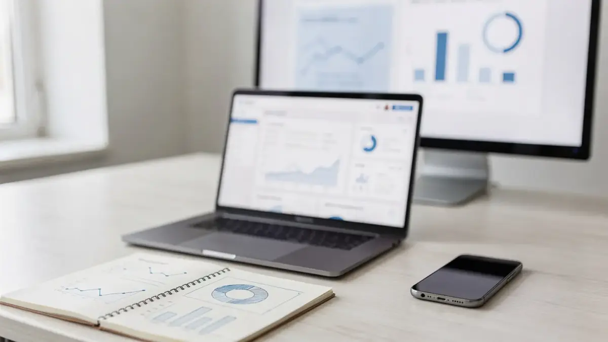 Website-Optimierung mit Laptop, Analysedashboard und Notizblock zur Conversion-Rate