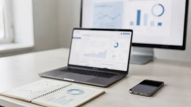 Website-Optimierung mit Laptop, Analysedashboard und Notizblock zur Conversion-Rate