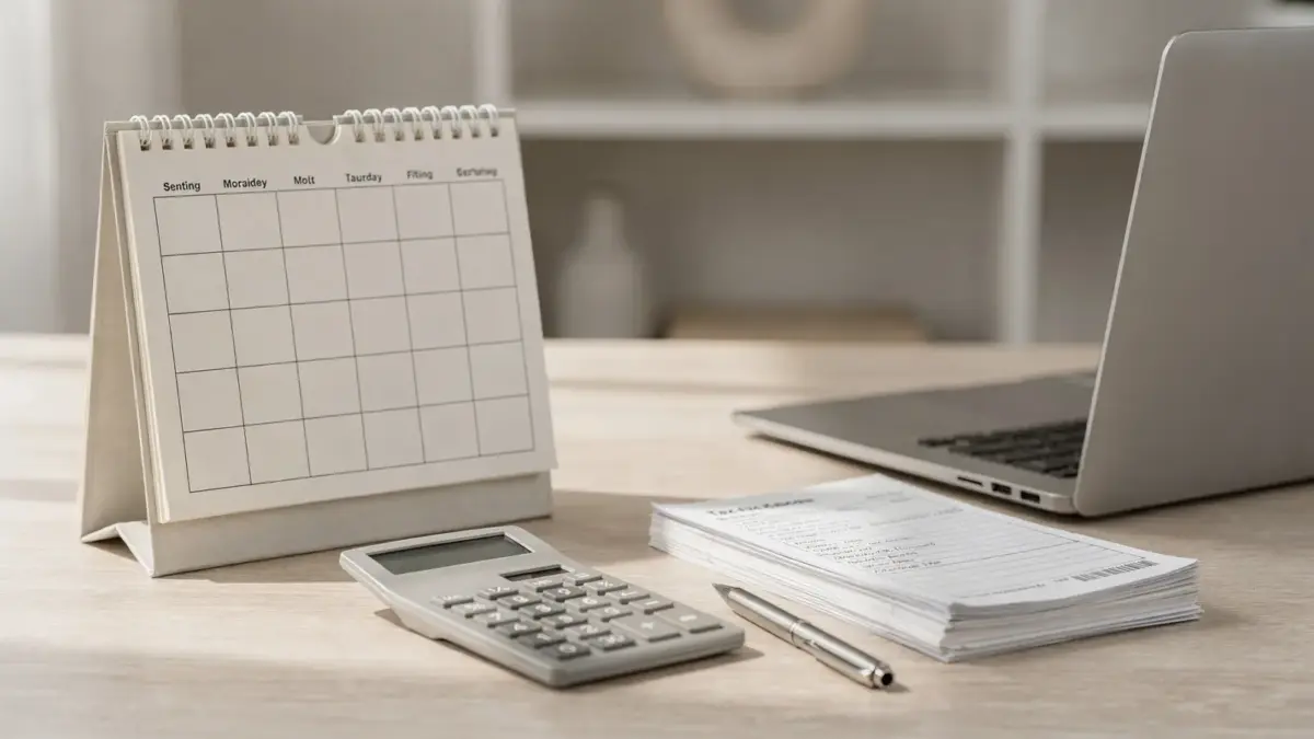 Kalender, Taschenrechner und Steuerunterlagen zur Steuererklärung Fristen für Privatpersonen und Selbstständige