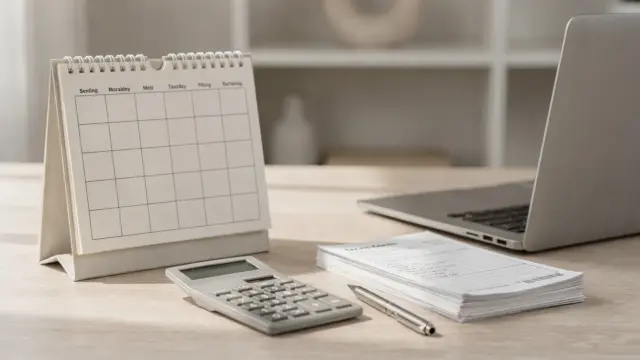 Kalender, Taschenrechner und Steuerunterlagen zur Steuererklärung Fristen für Privatpersonen und Selbstständige