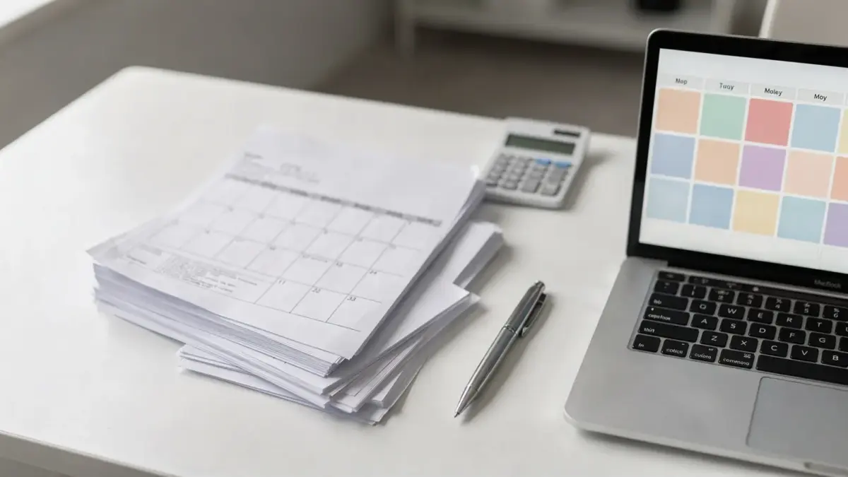 Kalender, Steuerformulare und Taschenrechner zum Thema Finanzamt-Meldungen und Fristen