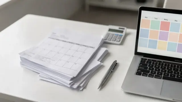 Kalender, Steuerformulare und Taschenrechner zum Thema Finanzamt-Meldungen und Fristen