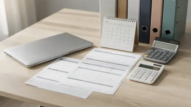 Ordentlicher Schreibtisch mit Unterlagen, Taschenrechner und Laptop zu Unternehmerpflichten im Alltag