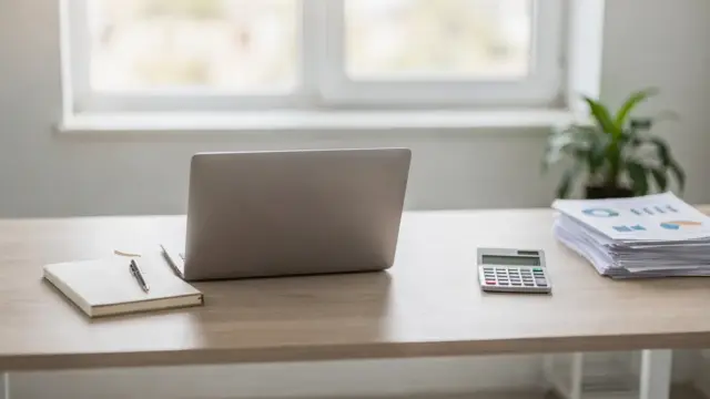 Schreibtisch mit Laptop, Unterlagen und Taschenrechner zum Thema Gründerförderung
