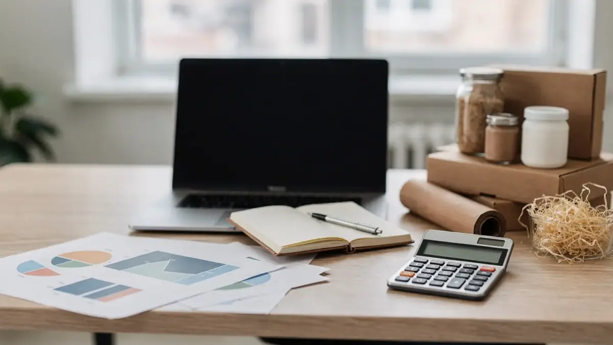 Geordneter Arbeitsplatz mit Laptop, Diagrammen und Produktmustern zum Thema Business skalieren