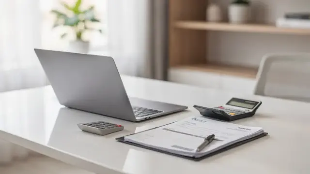 Selbstständige mit Unterlagen zur Krankenversicherung am Schreibtisch im Homeoffice