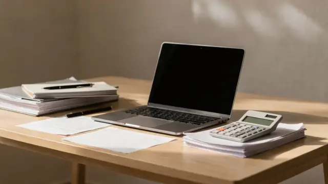 Schreibtisch mit Laptop, Unterlagen und Taschenrechner zur Selbstständigkeit anmelden