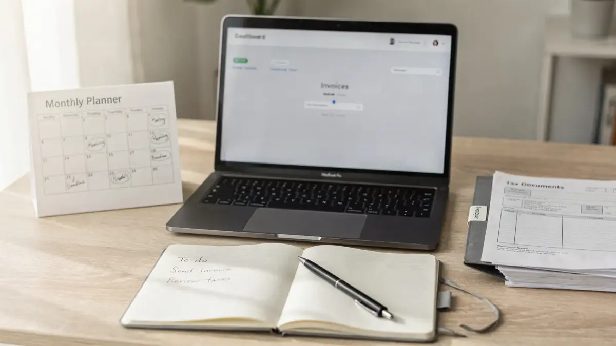 Homeoffice mit Laptop, Kalender und Unterlagen zu Pflichten für Selbstständige direkt nach dem Start