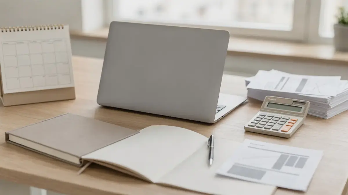 Schreibtisch mit Laptop und Unterlagen zur Rentenversicherung für Selbstständige und Vorsorge