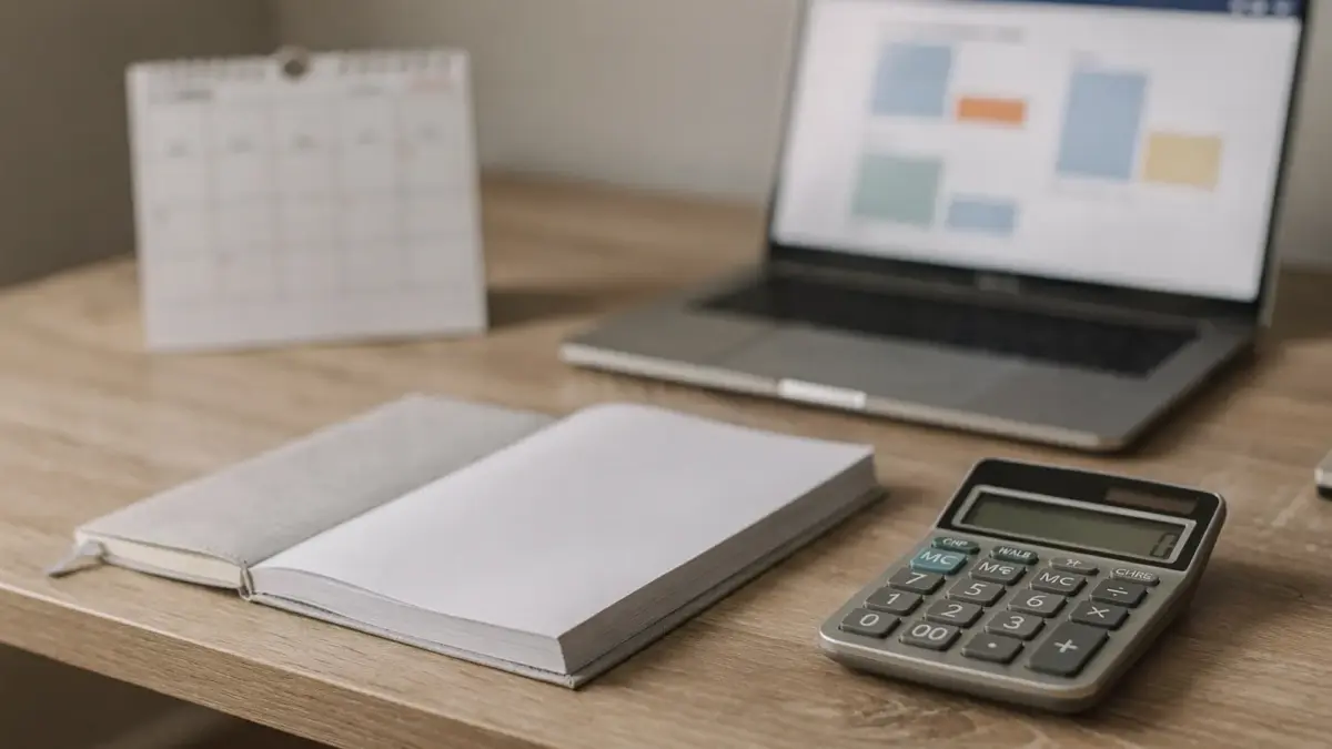 Steuerrücklage für Selbstständige im Homeoffice mit Calculator, Unterlagen und Kalender
