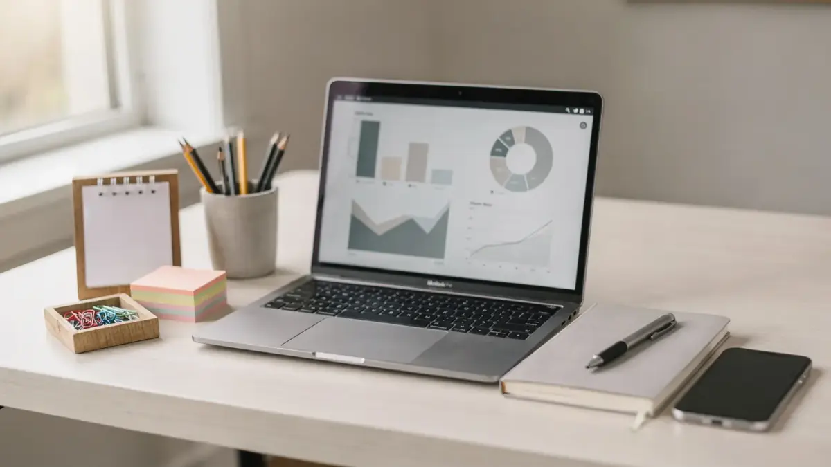 Home-Office mit Laptop, Notizbuch und Smartphone zum Thema Marketing selbstständig und Anfragen gewinnen