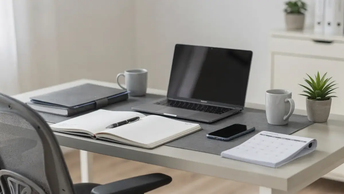 Solo-Selbstständiger im Gespräch für ein Verkaufsgespräch im Homeoffice mit Laptop, Notizbuch und Kalender.