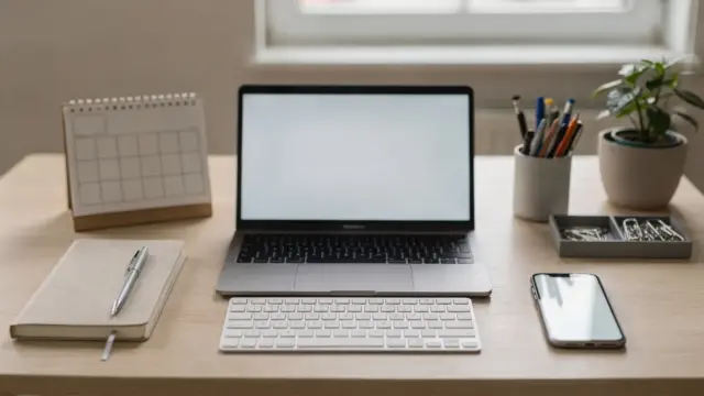 Ordentlicher Homeoffice-Arbeitsplatz mit Laptop, Kalender und Notizbuch als Tools für Selbstständige