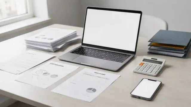 Büro-Setup mit Laptop und Vertragsunterlagen zum Thema Mitarbeiter selbstständig beschäftigen