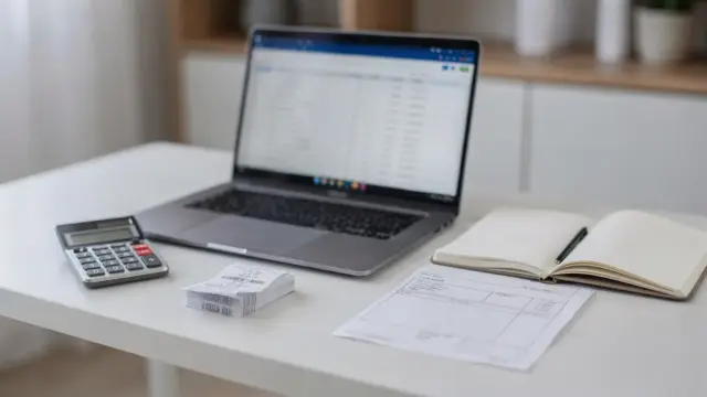 Arbeitsplatz mit Laptop, Taschenrechner und Belegen zum Thema Kleinunternehmer Nebeneinkommen