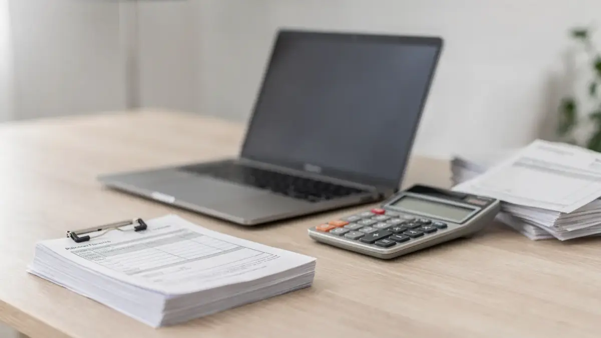 Homeoffice mit Laptop, Rechner und Unterlagen zum Thema Nebeneinkommen und Sozialabgaben