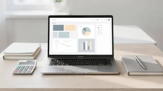 Buchhaltungstool für GoBD: Laptop, Ordner und Taschenrechner auf einem Bürotisch