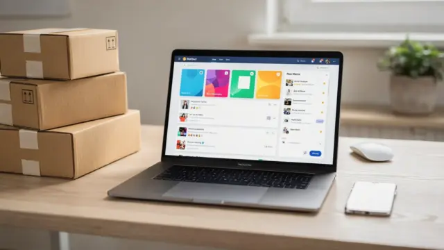 E-Mail-Marketing für Onlineshops: Laptop mit Kampagnen-Dashboard und Versandboxen