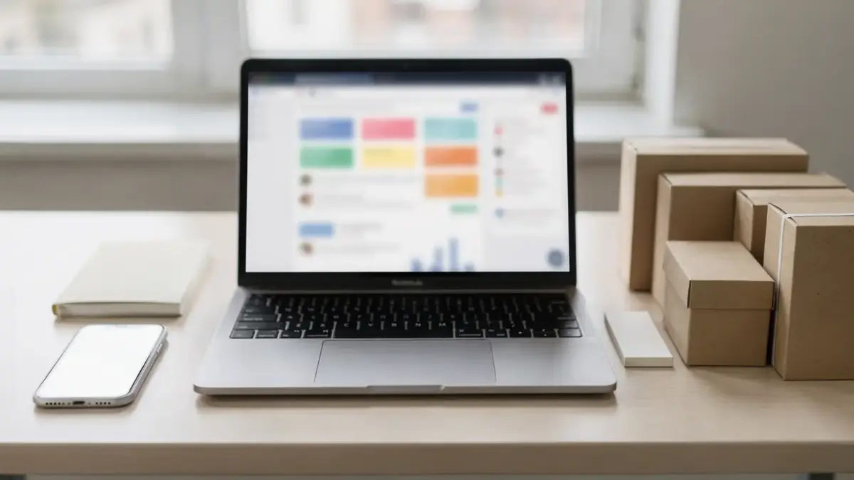 E-Mail-Marketing für Onlineshops: Laptop mit Kampagnendashboard, Smartphone und Produktverpackungen auf dem Schreibtisch