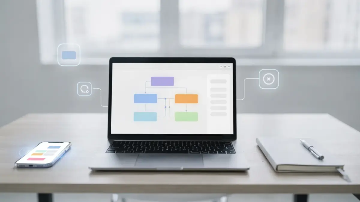 No-Code-Automatisierung mit Laptop und visuellen Workflow-Elementen auf einem Schreibtisch