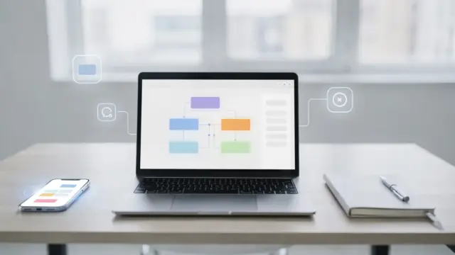 No-Code-Automatisierung mit Laptop und visuellen Workflow-Elementen auf einem Schreibtisch