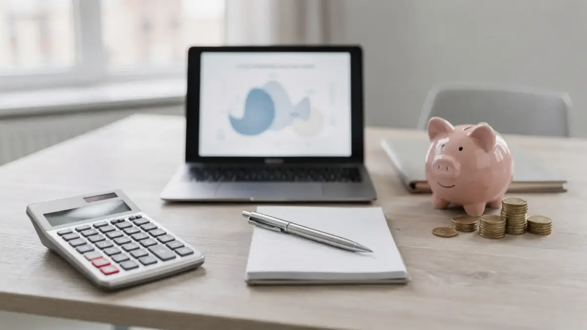 Büro-Setup zur Altersvorsorge für Unternehmer mit Rechner, Notizbuch, Laptop und Sparsymbolen