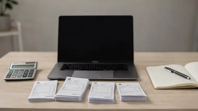 Schreibtisch mit Laptop, Taschenrechner und Belegen zum Thema Einnahmen aus Nebenverdienst und Pflichten