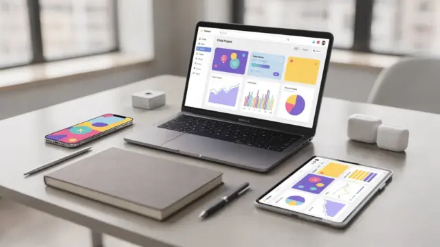 Moderne Startup-Arbeitsumgebung mit Laptop und Tools zum Tool-Stack für Gründer