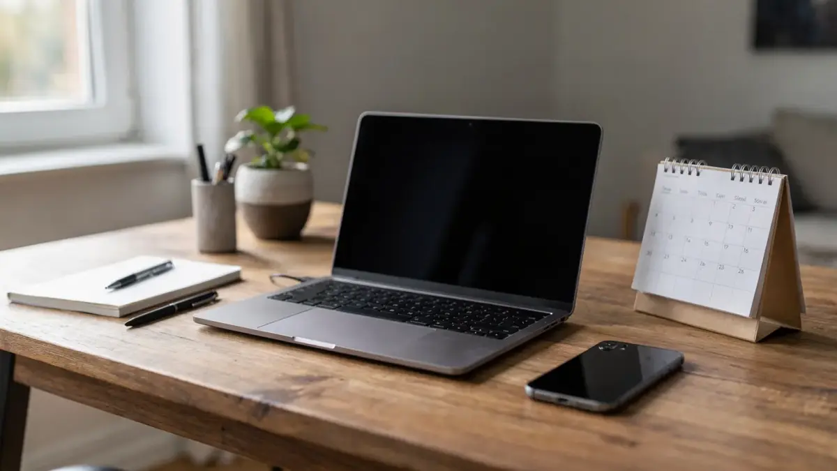 Home-Office-Schreibtisch zu Freelancer oder Freiberufler: Laptop, Notizbuch und Kalender