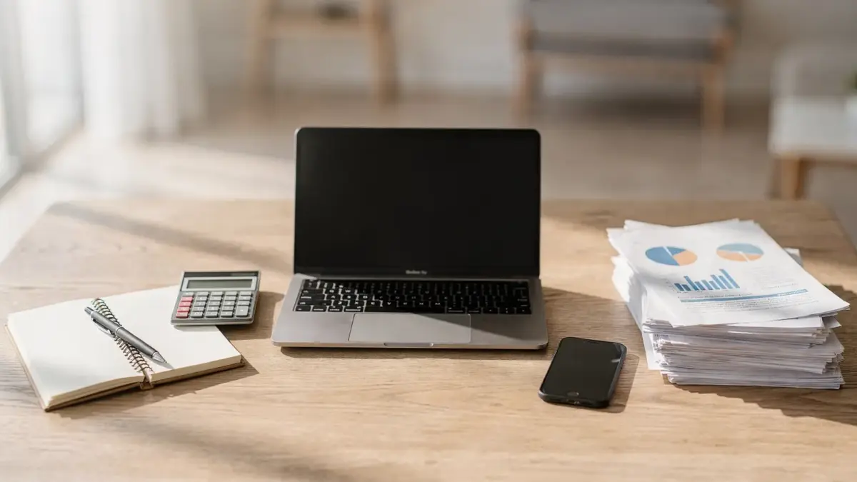 Home-Office mit Laptop, Unterlagen und Rechner zum Thema Freelancer-Versicherung