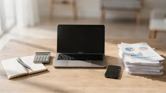 Home-Office mit Laptop, Unterlagen und Rechner zum Thema Freelancer-Versicherung