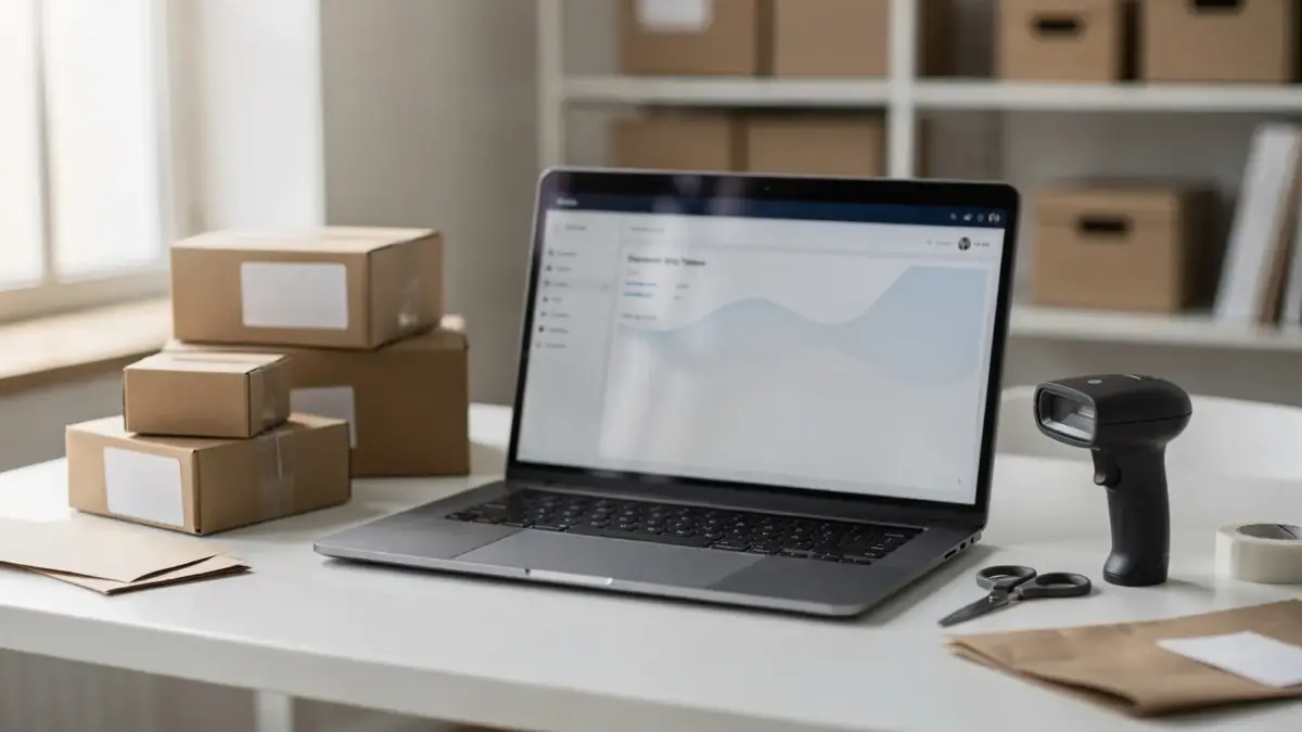 E-Commerce-Arbeitsplatz mit Laptop, Paketen und Verpackungsmaterial zum Onlineshop starten